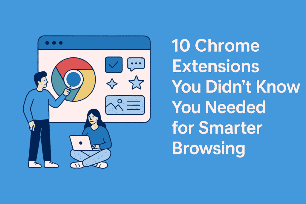 Illustration showing 10 underrated Chrome extensions to boost productivity, featuring icons for tabs, focus, notes, and browser tools.