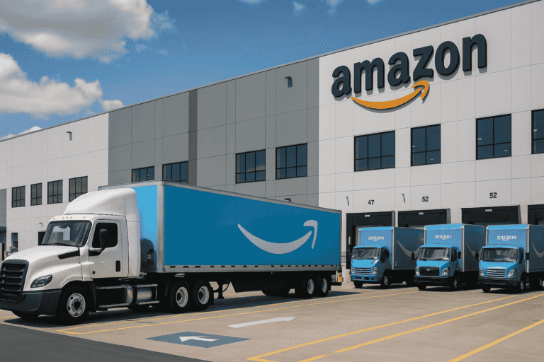Amazon: Global Strategy. A high-resolution digital photograph of Amazon’s global logistics operation in a modern distribution center with staff and packages.