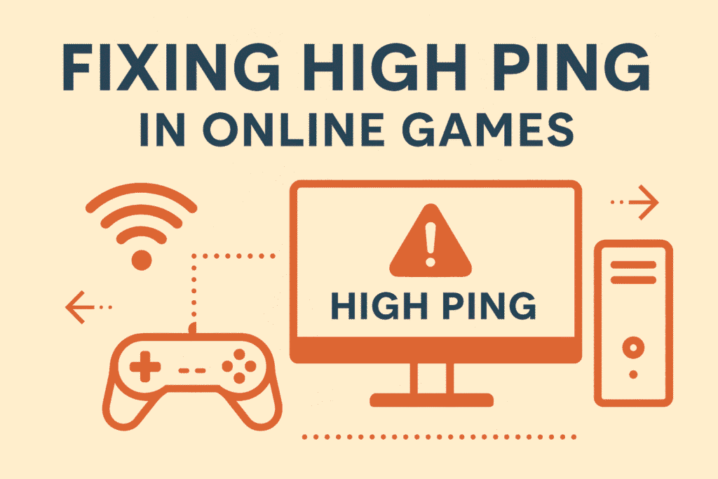 Fixing High Ping in Online Games: A digital illustration showing a gamer reducing high ping on PC, PS5, and mobile using various connection optimization strategies.