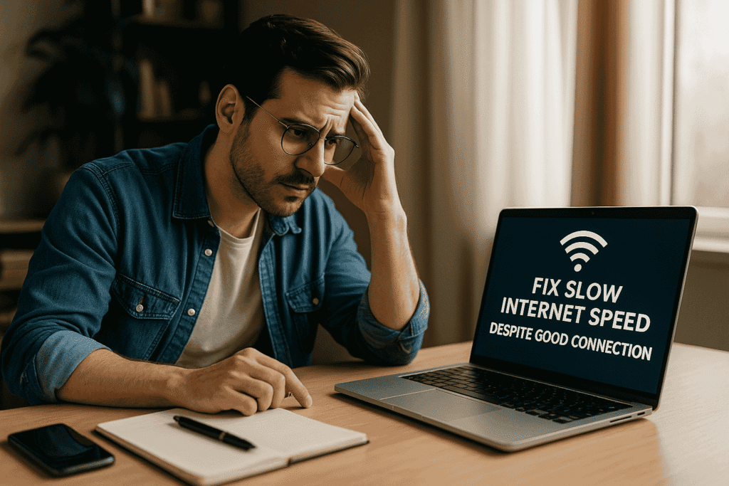 A young man using a laptop with frustration due to slow internet despite full connection