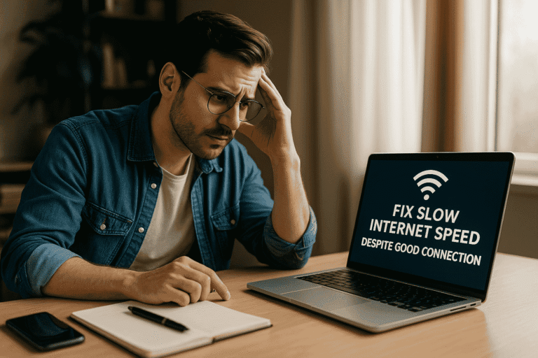 A young man using a laptop with frustration due to slow internet despite full connection