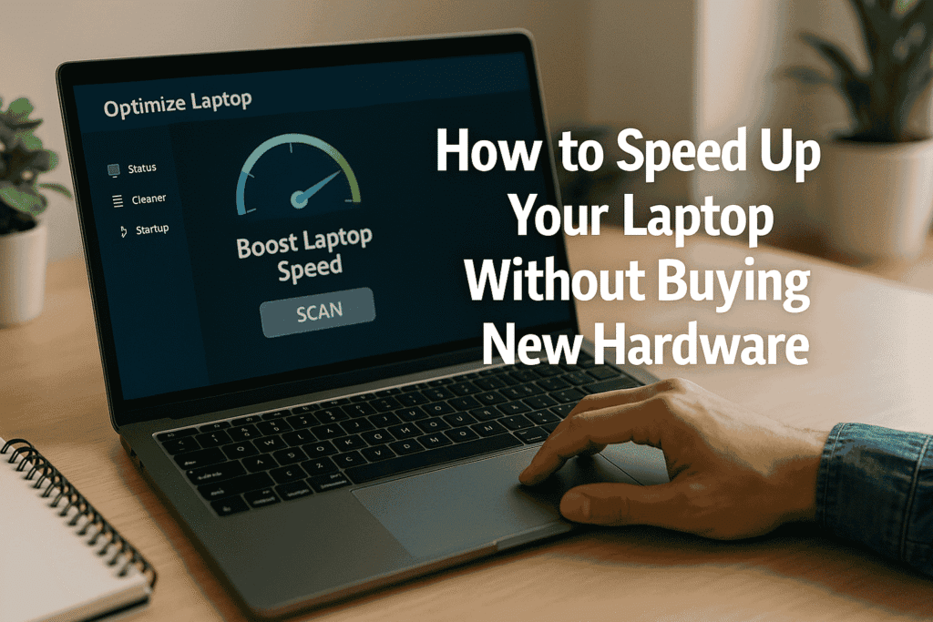 Person optimizing laptop performance on a modern laptop, adjusting system settings to speed up the device without buying new hardware.