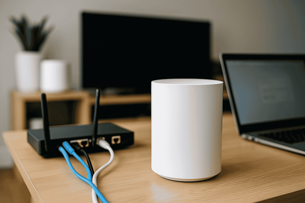 Set Up a Mesh Wi-Fi: A realistic photo of a modern home interior with a mesh Wi-Fi router system providing seamless wireless internet coverage across rooms.