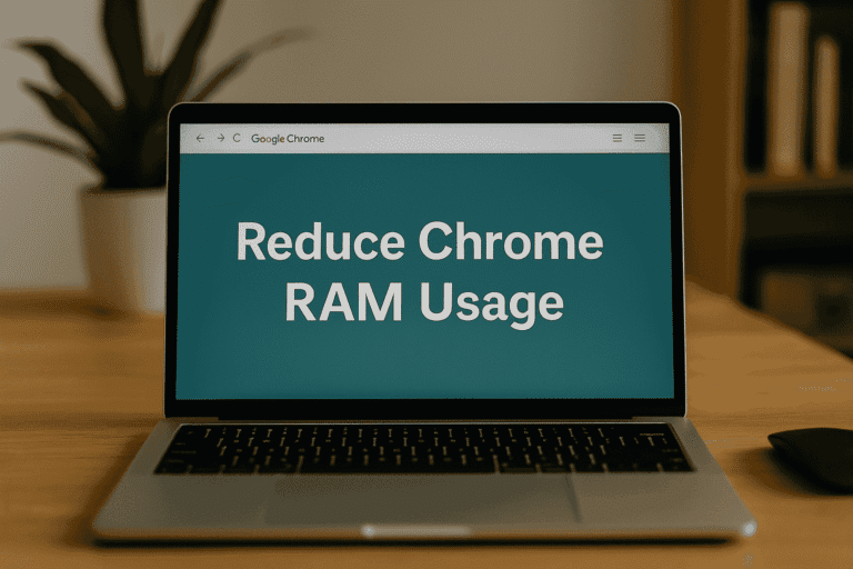 Realistic image of a laptop displaying Google Chrome browser with multiple tabs open, showing memory usage optimization concept.